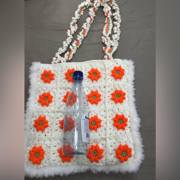 Handmade Crochet Floral Tote Bag - Cream and Orange - Picture 8 of 10